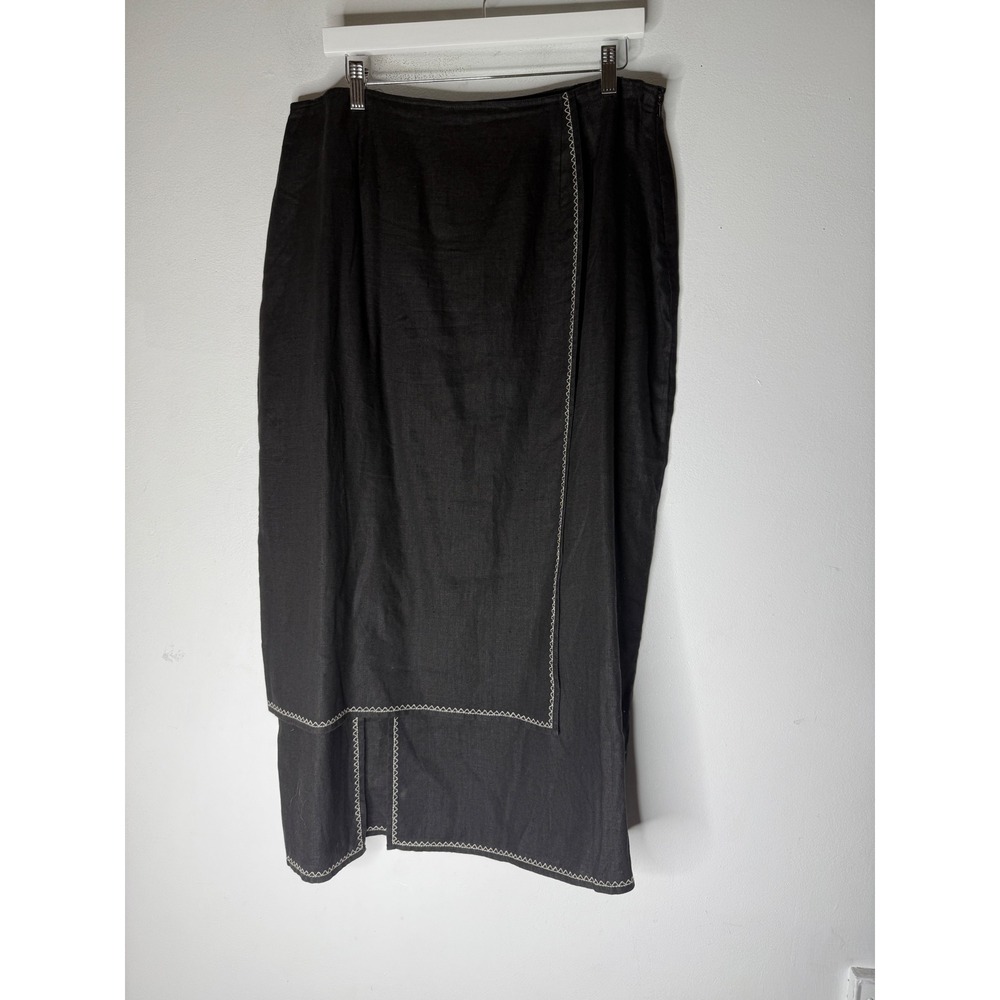 NWT JJill 100% Linen Skirt Black Maxi Straight Slit‎ Embroidery Lagenlook 18